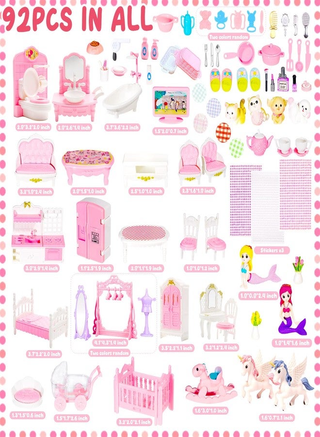 Pamonrueer 92 Pcs Miniature Furniture Set Accessories Mini Furniture Plastic Bedroom Living Room Bathroom Kitchen Kit Small Pink House for Birthday Gift - Image 2